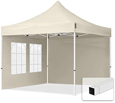 TOOLPORT Tente Pliante 3x3 m - 2 Bâches de Côté (fenêtres en Ogive) Economy 700N Housse Barnum Chapiteau Pliant Tonnelle Beige