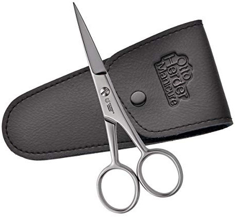OTTO HERDER Forbici da barba da uomo, 11,5 cm, in custodia in pelle, lama dritta da uomo, taglia affusolata e barba, la fine micro dentatura impedisce lo scivolamento dei capelli