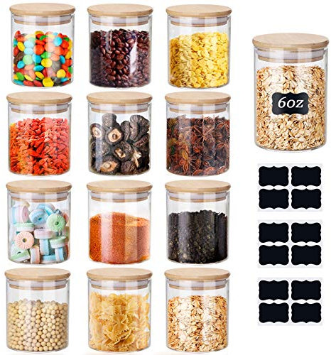 Yibaodan Glass Jars Set 150ml 12 Pack 6oz Spice Jars with Bamboo Lids and Labels Small Food Cereal Storage Containers for Home Kitchen Tea Herbs Coffee Flour Herbs Grain (12Pack/12 Black Labels)
