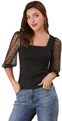 Allegra K Blusa Vintage con Cuello Cuadrado para Mujer, Ajustada, Semitransparente, con Mangas Abullonadas De Malla 3/4 Negro M