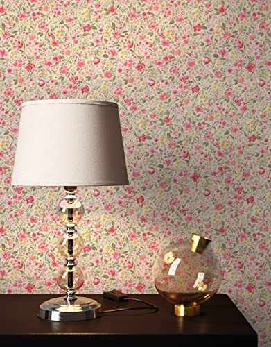 Newroom Vliestapete Beige Blumentapete Landhaus Romantisch Wohnzimmer | Dichtes Blütenmuster, cremefarbener Grundton mit Rosa Gelb Grüntönen, Vintage Landhausstil, Wandtapete Schlafzimmer