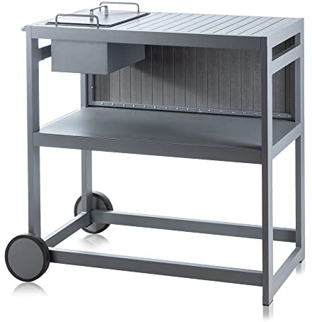Alfresia Garden Bar Table – Aluminium Tall Counter with Ice Bucket, Cocktail Bar Table on Wheels, Grey, Outdoor Drinks Trolley, Weather Resistant, Durable, Wood Effect Countertop, Garden and Patio