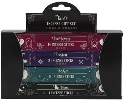 Mystical - Set regalo di bastoncini di incenso assortiti ispirati ai tarocchi (4 confezioni), rosa rossa, oppio nero, tè verde, profumo di lavanda, attenzione per una combustione sicura, perfetto per