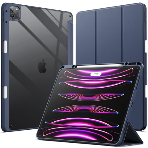 JETech Hülle für iPad Pro 12,9 6/5/4/3 (2022/2021/2020/2018), Navy Blau | Transparente Rückseite, Stifthalter, Schlanker Stoßschutz, Dreifach-Ständer