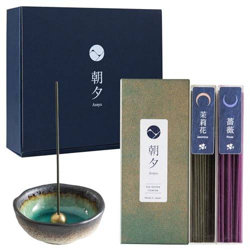 Asayu Japan Räucherstäbchen-Geschenkset mit Räucherstäbchenhalter und Messingständer, Blumenset (Jasmin & Rose) Räucherstäbchen mit Mini Nature Aquamarin Räucherstäbchenhalter