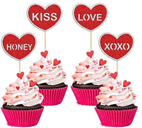 24 Stück Valentinstag Cupcake Topper Rot Glitzer Doppelschichten Sweet Love Valentinstag Herz Cupcake Lebensmittel Picks Valentinstag Thema Hochzeit Brautdusche Geburtstag Party Kuchen Dekorationen