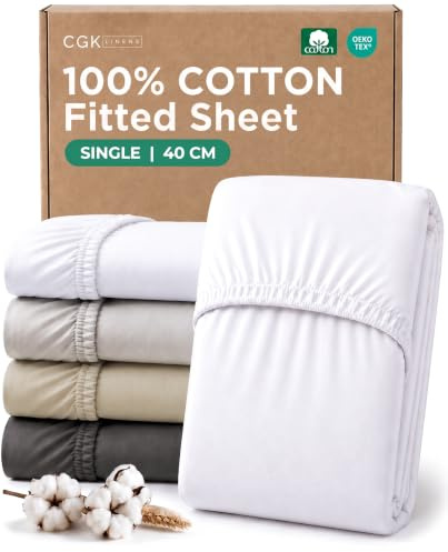 Fitted Sheet Single 90x190 - Cotton Sateen Extra Deep 40cm (16) - White | Soft, Breathable, Wrinkle Free, Hotel Quality, Non Iron, Easy Care, Hypoallergenic, Luxury Bedding, Bed Sheet, OEKO-TEX