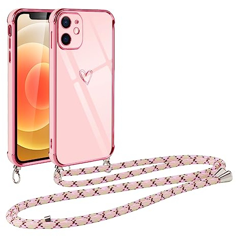Vauki handyband für iPhone 12 Mini Hülle mit Band, Handyhülle mit Kette, Herz Motiv, Ultra Dünn Stoßfeste Aesthetic Case mit Kordel zum Umhängen für iPhone 12 Mini 5.4 Zoll, Rosa
