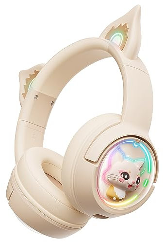 PHNIXGAM Casque Bluetooth avec oreilles de chat, en mode sans fil et filaire, avec microphone, lumière RVB, compatible avec les téléphones portables, PC, tablette, consoles de jeux, blanc