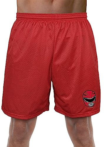 Popfunk Power Rangers Red Ranger Helmet Mens Lined Mesh Shorts, Red, Medium