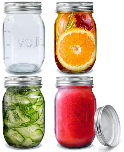 volila Mason Jar mit Deckeln - 490 ml Mehrzweck-Einmachgläser für Overnight Oats, Einlegen, Einmachen, Konservieren und Mahlzeitenvorbereitung - Luftdichte Einweckgläser (4er Pack - Normaler Deckel)
