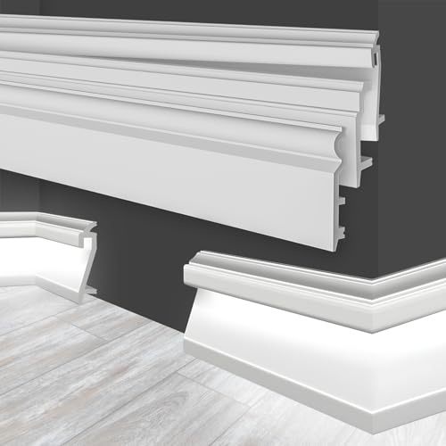 MARBET DESIGN Rodapiés blancos HDPS con LED - Perfil de rodapié de 2 metros, listones de acabado para suelos, molduras de suelo, canal de cables, iluminación indirecta (HF-3 109x22 mm, 10 metros)