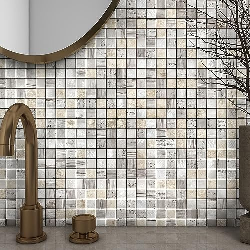 BeNice Stick on Tiles Kitchen,Tile Stickers Self Adhesive Wall Tiles Metal Mosaic Backsplash(Square Grey 10sheets)