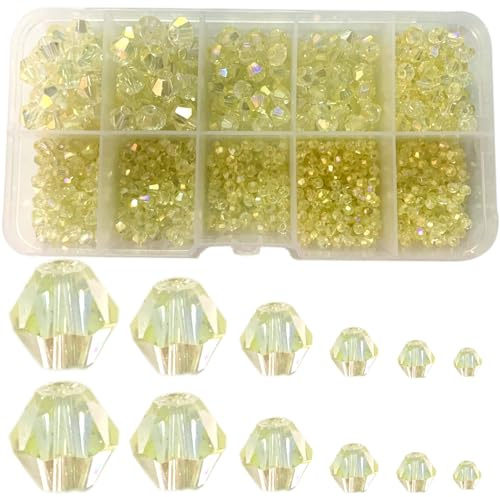 Gocelyn 900 perline biconiche in vetro di colore AB (giallo chiaro), perline distanziatrici assortite per la creazione di gioielli, bracciali, ciondoli (2 mm, 3 mm, 4 mm, 5 mm, 6 mm, 8 mm)