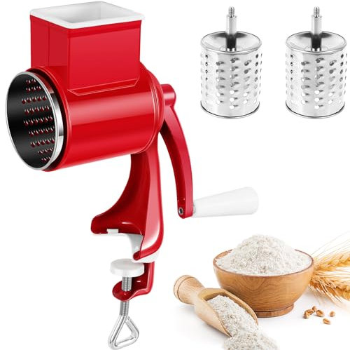 BOBASH Mulino manuale per cereali, macinino a manovella con 2 di ricambio, mano con macina in ceramica, macinino regolabile, macinacaffè manuale, per spezie noci (rosso)