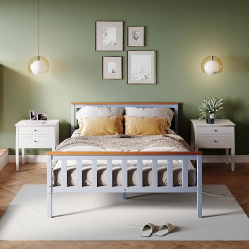 ZANOFIRA 4ft6 Double Bed Frame Solid Pine Wood Bed with Headboard and Footboard, Perfect For Adults Kids Teenagers Fitted Slats Strong Support Legs with Smooth Finish, Grey