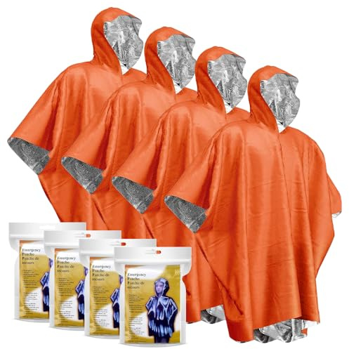 BUZIFU 4 Piezas Poncho de Emergencia, Poncho de Supervivencia, Poncho de Lluvia Impermeable para Retención de Calor y Lluvia, Chubasquero De Emergencia para senderismo, montañismo, camping