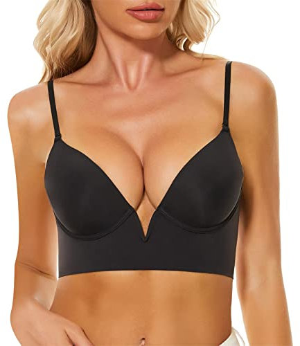 Women's Dress Black Backless Low Back Bras Multiway Convertible Bra Wire Lifting Push Up Deep V Neck Plunge 32B