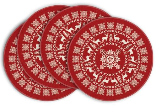 Artoid Mode Rot Rentier Weihnachten Runde Platzsets 4er Set, 37cm Winter Xmas Tischset Platzdeckchen Küche Party Deko