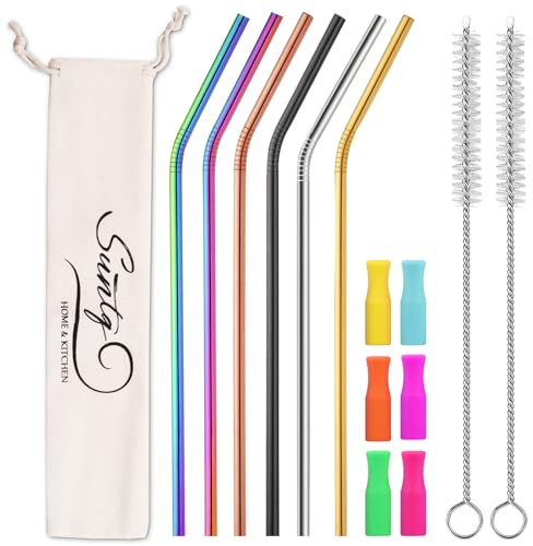 SUNTQ Stanley Lot de 6 pailles en acier inoxydable réutilisables avec pointes en silicone et brosse de nettoyage (6 x 305, multicolores)
