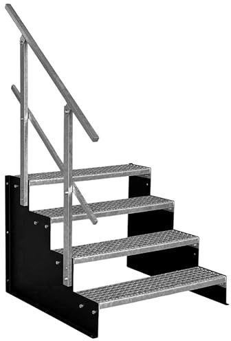 SRM Design 4 Stufen Standtreppe Wangentreppe Gitterrosttreppe Außentreppe Industrietreppe schwarz 18 cm Stufenhöhe 100 cm Breite 72 cm Höhe 1x Geländer
