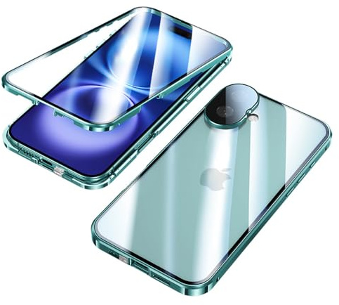 LIUKM Hülle für iPhone 16 Magnetische Adsorption Handyhülle 360 Grad Stoßschutz Vorne hinten Gehärtetes Glas Schutzhülle Metallrahmen Case Handyhülle für iPhone 16 - Grün