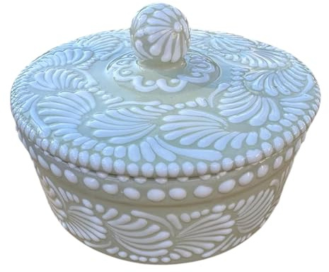 Handmade Talavera Tortilla Warmer, White Ceramic Tortilla Storage Canister, 8.5-Inch Mexican Pottery