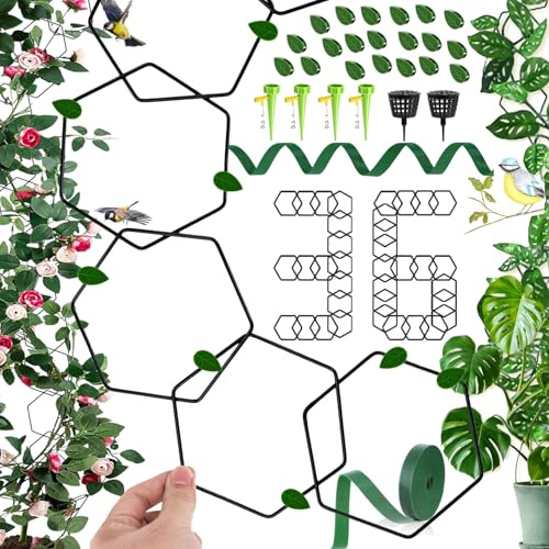 36PCS, Rankgitter für Kletterpflanzen, Pflanzenrankenstütze, Rankhilfe DIY, Kettenspalier für Kletterpflanzen, mit 1M Bändern und 10pcs Haken, für Ranken, Pothos Indoor & Outdoor Schwarz