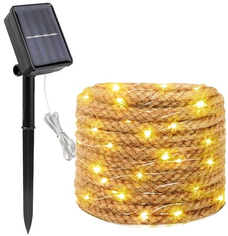 Corde de Guirlande Lumineuse Solaire Exterieure 7M 100 LED Guirlande Solaire en Sisal 8 Modes Étanche Lampe Décoratives pour Jardin Clôture Terrasse Balcon Anniversaire Mariage Noël, Blanc Chaud