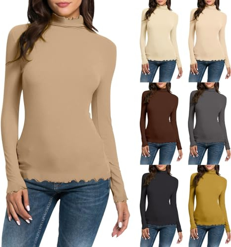 Polotröja dam långärmad – undertröja enfärgad basic långärmad tröja smal passform tröja tajta undertröjor överdimensionerade toppar Y2K t-shirt elegant tunika skjorta casual lång skjorta, Beige, S