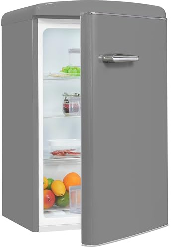 Exquisit Retro-Kühlschrank 122 l - Kühler ohne Gefrierfach - Grau - E | Kompakter Mini-Kühlschrank im Vintage-Design, ideal für Büro und Single-Haushalt, mit LED-Licht und Gemüseschublade