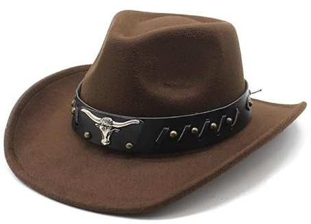 Aegistus Unisex Cowboy-Hut für Damen & Herren - Westernhut mit weitem Filz-Brim, kunstlichem Pelz & Schnallverschluss - Outdoor-Rodeo-Hat Braun-Kaffee