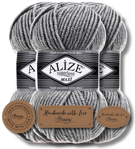 Hobby YARN 3x Etikettenlabel mit Alize Superlana Maxi Wolle Premium 3x100g als Set, Yarn, Garn, Strickgarn, Einfarbig, Baby, zum Häkeln Stricken Kleidung Schals (87)