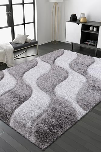 Modern Wave Pattern Rug Geometric Swirl Carpet High Pile, Soft 3D Shaggy Area Rug for Living Room, Bedroom & Lounge Non-Shedding Easy Care (Grey, 120 cm × 170 cm = 3.94 ft × 5.58 ft)