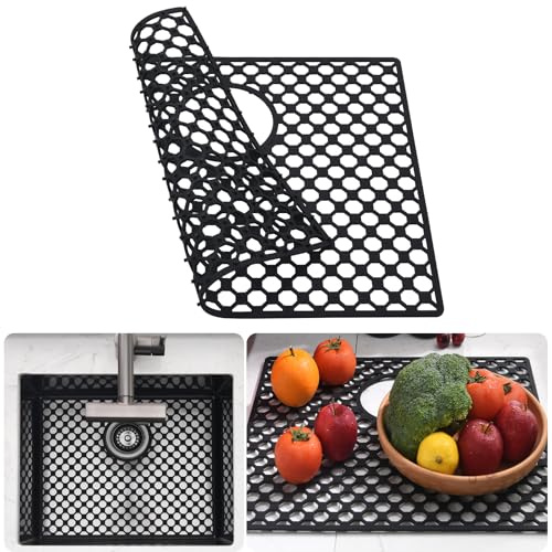 Brovy Tapis d'évier de cuisine en silicone noir, 47 x 39 cm, tapis de protection pour évier de cuisine en acier inoxydable, résistant à la chaleur, antidérapant, pliable, avec évacuation arrière