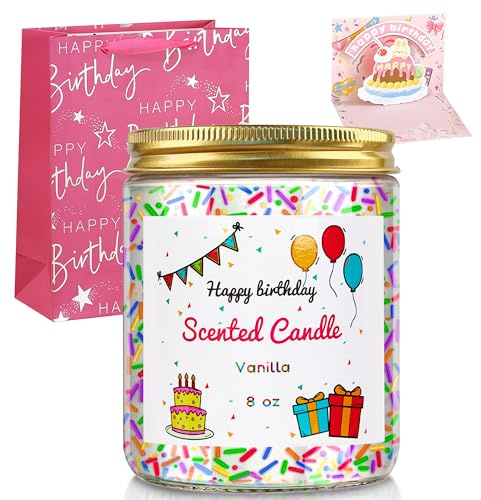 Happy Birthday Candle - Lavender Birthday Cake Scent with Sprinkles Cute Birthday Gifts for Women Ideas, 8 oz Lavender Scented Candle Gift, Gifts for Christmas Her, Best Friend, Mum