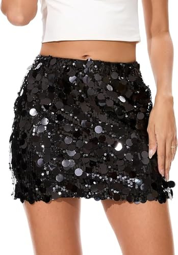 Lubgitsr Sequin Skirt for Women Stretchy Bodycon Mini Sparkly Glitter Shiny Skirts Night Out Party for Girls and Women Black