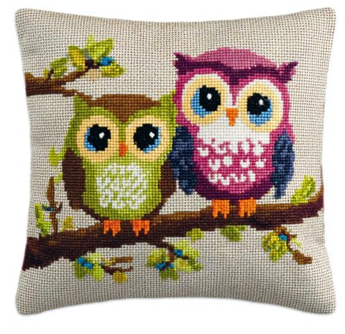 Kreuzstich Stickpackungen Kissen Front Zum Selbersticken Zwei Süße Eulen 45X45Cm Stickbild Auf 100% Baumwoll Stoff Und Stickgarn, Stickvorlagen Kreuzstichkissen Zum Überwurf-Kissenbezug, Sof