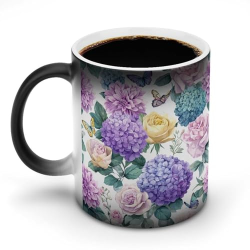 Jubonexis Pattern of Hydrangeas Roses Color Changing Mugs Heat Changing Ceramic Coffee Mug Novelty Funny Tea Water Cup 11OZ