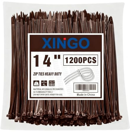 XINGO 1200 Stück Kabelbinder Braune, 350mm x 5.8mm, 34 kg Zugfestigkeit, UV-beständig, Selbstsichernde Kabelbinder für drinnen und drauße