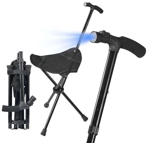 Foldable Cane with Seat&Light - Adjustable Lightweight Walking Stick for Seniors & Elderly, Portable Mobility Aid with Padded Seat and Non-Slip Base for Outdoor Walking, Hiking, and Travel Assistance