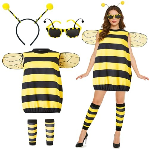 Kitimi Deguisement Abeille Femme, Costume d'Abeille pour Adulte, comprenant Bandeau, Chaussettes de Jambe, Lunettes, Ailes, Cosplay Deguisement pour Carnaval Halloween