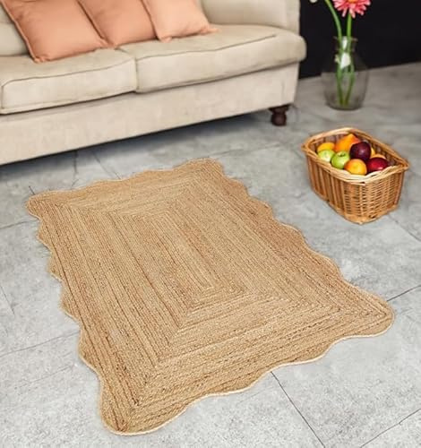 Tappeto quadrato in iuta naturale smerlato da 1,2 m, tappeto intrecciato a mano di alta qualità, ecologico, durevole ed elegante, decorazione per soggiorno, camera da letto o ingresso
