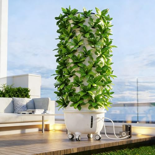 Labasuan Torre di Coltivazione idroponica Verticale a 80 Fori e 10 Strati con Ruote, Tower Garden con Pompa dell'Acqua, Attrezzatura agricola idroponica Fai da Te per Erbe aromatiche da Interno