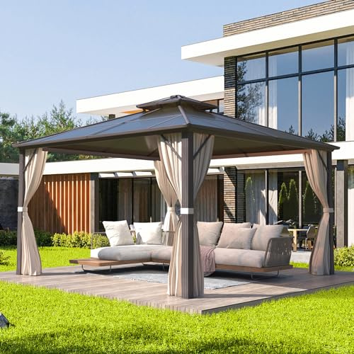 ESLOHNT Pavillon Doppeldach Alu Wasserdicht mit Vorhang-Seitenteile und Netz, Wetterfest Gartenpavillon Stabil Aluminiumrahmen Polycarbonat Partyzelt Hardtop für Garten, Terrasse, 3,65mx3,65m