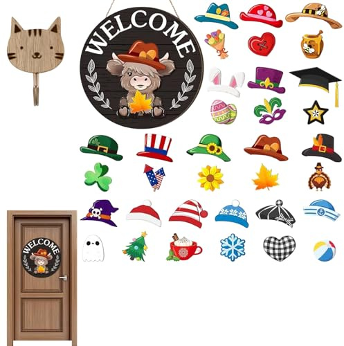 2026 Neu Willkommensschild HaustüR, Highland Cow-Schild Austauschbares Willkommensschild mit Magneten Abnehmbare Hüte Niedliche Rinder zum Aufhängen, Detailreicher PräGung, FüR Glas- & HolztüRen(A)