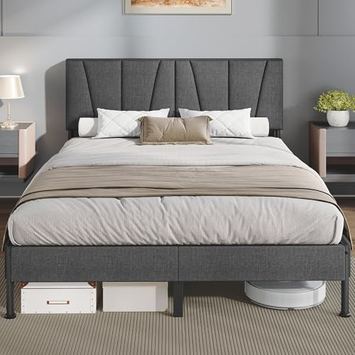 Hzuaneri Polsterbett 140 × 200 cm, Bettgestell, Doppelbettgestell mit Gepolstertem Kopfteil, Doppelbett mit Lattenrost aus Metall, Bettgestell Geeignet fürs Schlafzimmer, Dunkelgrau, BF40099B