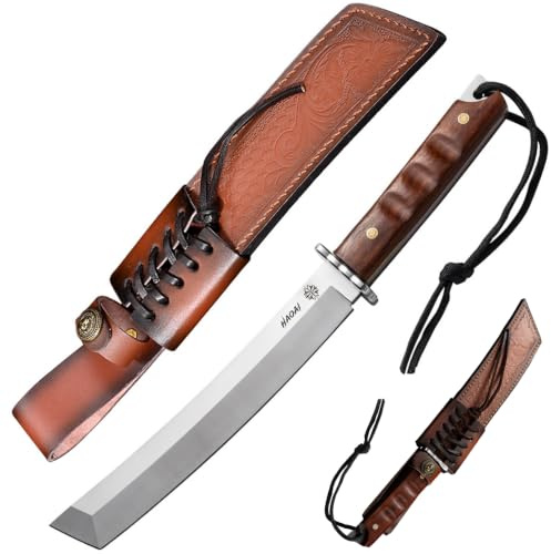 HAOAI Cuchillos de hoja fija Caza está hecho de acero M390 tanto Mango De Madera, Con Funda De Cuero, Camping De Supervivencia Para Outdoor Supervivencia Defensa personal (V)