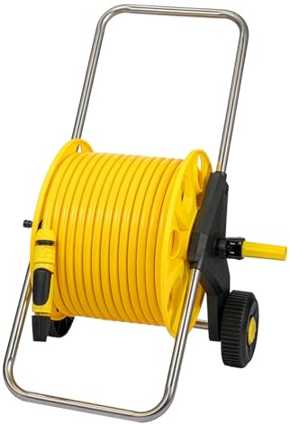 EVERGOODS Garden Hose Reel Cart with 40M Hosepipe, Portable Hose Pipe Reel with 2 Wheels, Adjustable Spray Nozzle, Freestanding Hose Holder for Patio Cleaning, Lawn Watering & Garden Use