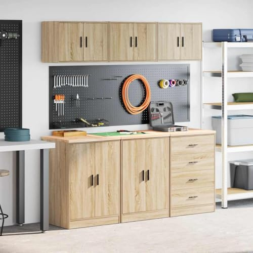 Ziaphsol Garageskåp, 6 stycken Sonoma-ek av trämaterial, verktygsskåp med massiv furu, förvaringsskåp för verkstad, garage, kontor och ordning vid förvaring